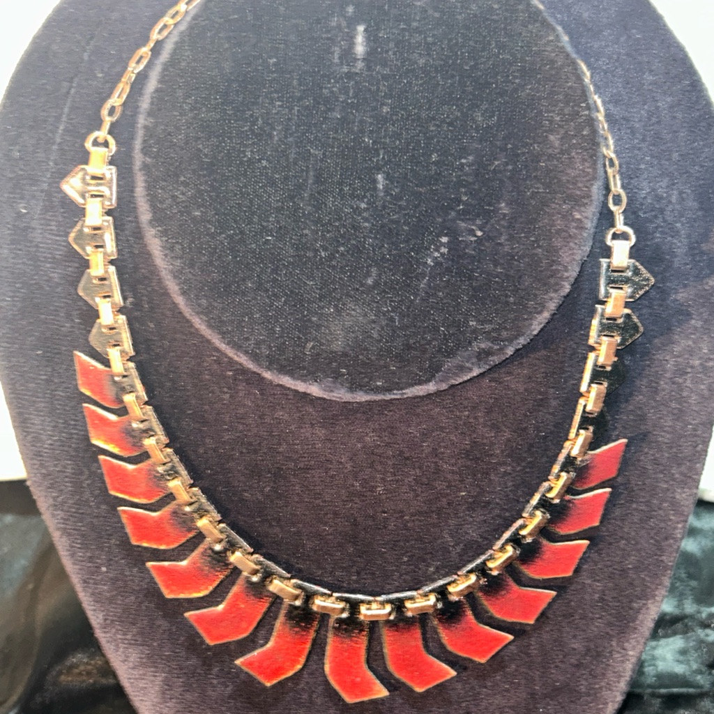 Vtg Matisse Signed Red Enamel On Copper Necklace.